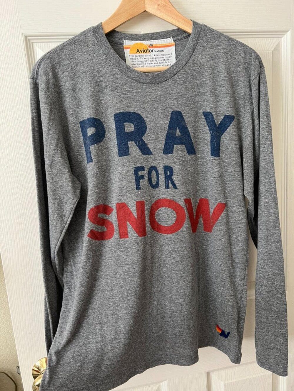 Aviator Nation Pray For Snow Long Sleeve Tee Gray USA Made Medium Ski Apres